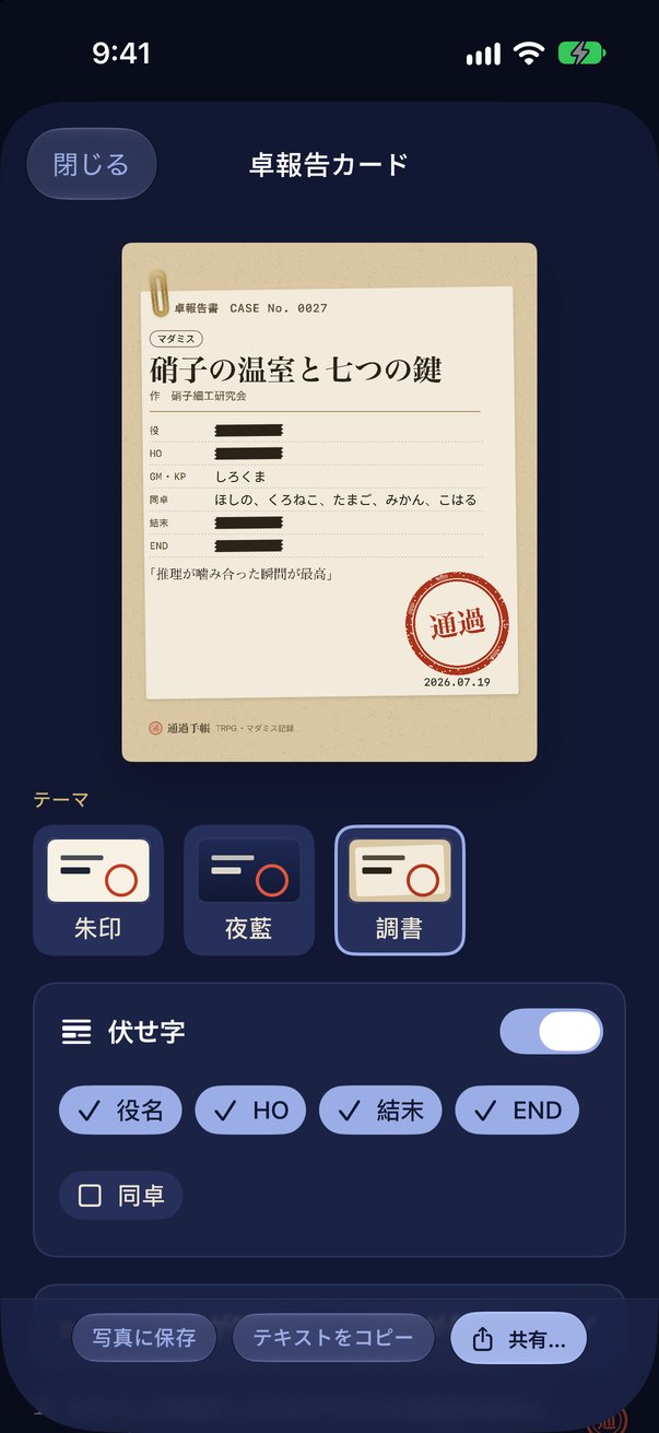 卓報告カード。調書テーマで、役名・HO・結末・ENDが墨塗りの伏せ字になっている